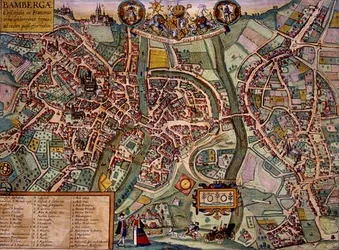 Bambergin kartta, Georg Braunin (1541-1622) ja Frans Hogenbergin (1535-90) n. 1572-1617 Civitates Orbis Terrarum -teoksesta (värillinen kaiverrus)