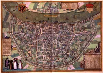 Duisburgin kartta, Georg Braunin (1541-1622) ja Frans Hogenbergin (1535-90) Civitates Orbis Terrarum -teoksesta, n. 1572 (värinen kaiverrus)