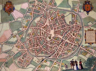 Mechelenin kartta, Georg Braunin (1541-1622) ja Frans Hogenbergin (1535-90) n. 1572-1617 Civitates Orbis Terrarum -teoksesta (värillinen kaiverrus)