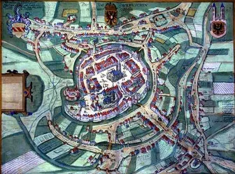 Schleidenin kartta, Georg Braunin (1541-1622) ja Frans Hogenbergin (1535-90) teoksesta Civitates Orbis Terrarum, n. 1572 (värinen kaiverrus)