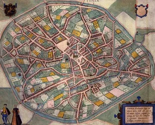 Tiesen kartta, Georg Braunin (1541-1622) ja Frans Hogenbergin (1535-90) Civitates Orbis Terrarumista n. 1572-1617 (värillinen kaiverrus)