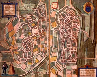 Autunin ja Neversin kartat Georg Braunin (1541-1622) ja Frans Hogenbergin (1535-90) Civitates Orbis Terrarumista n. 1572-1617 (värillinen kaiverrus)