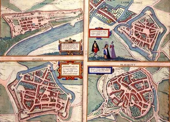 Charlemontin, Landrechiesin, Avesnesin ja Beaumontin kartat Georg Braunin (1541-1622) ja Frans Hogenbergin (1535-90) Civitates Orbis Terrarumista n. 1572-1617 (värinen kaiverrus)