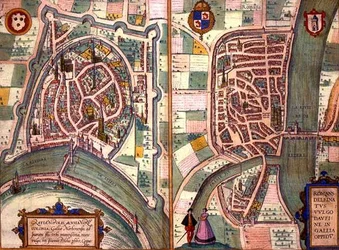 Grenoblen ja Romans-sur-Iseren kartat Georg Braunin (1541-1622) ja Frans Hogenbergin (1535-90) teoksesta "Civitates Orbis Terrarum", n. 1572-1617 (värillinen kaiverrus).