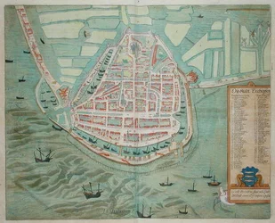 Enchunsenin suunnitelma Georg Braunin (1541-1622) ja Frans Hogenburgin (1535-90) Civitates Orbis Terrarumista, n. 1572 (värinen kaiverrus)
