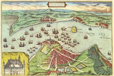 Elsinore, Tanska, Yhdysvalloista, kirjoittaneet Georg Braun (1541-1622) ja Frans Hogenburg (1535-90), n. 1572