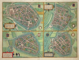 Arnhemin, Velmon, Gelren ja Ruermin kartta Georg Braunin (1541-1622) ja Frans Hogenbergin (1535-90) Civitates Orbis Terrarumista n. 1572-1617