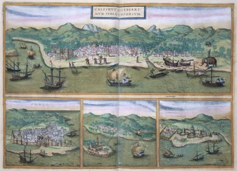 Calicutin kartta Georg Braunin (1541-1622) ja Frans Hogenbergin (1535-90) teoksesta "Civitates Orbis Terrarum", noin 1572