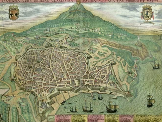Catanian kartta Georg Braunin (1541-1622) ja Frans Hogenbergin (1535-90) teoksesta "Civitates Orbis Terrarum", n. 1572