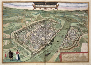 Frankfurtin kartta, Georg Braunin (1541-1622) ja Frans Hogenbergin (1535-90) Civitates Orbis Terrarum -teoksesta, n. 1572 (värikaiverrus)