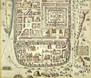 Jerusalemin ja ympäröivän alueen kartta Georg Braumin (1541-1622) ja Frans Hogenbergin (1535-90) Civitates Orbis Terrarumista n. 1572-1617 (katso 138905)