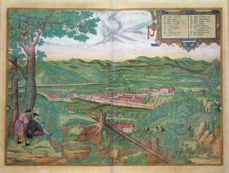 Linzin kartta, Georg Braunin (1541-1622) ja Frans Hogenbergin (1535-90) Civitates Orbis Terrarum -julkaisusta 1594