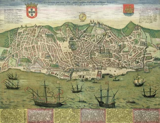 Lissabonin kartta, Georg Braunin (1541-1622) ja Frans Hogenbergin (1535-90) Civitates Orbis Terrarum -teoksesta, n. 1572