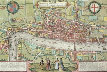 Lontoon kartta Georg Braunin (1542-1622) ja Frans Hogenburgin (1635-90) teoksesta "Civitates Orbis Terrarum", noin 1572 (ks. myös 51896 ja 58543).