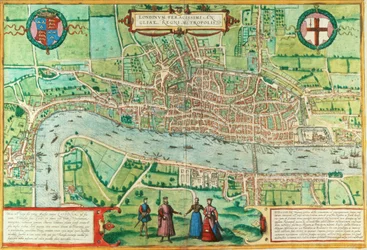Lontoon kartta, Civitates Orbis Terrarum, Georg Braun (1542-1622) ja Frans Hogenburg (1635-90), n. 1572 (katso myös 51896 ja 66112)
