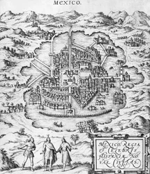 Meksikon kartta, Georg Braunin (1541-1622) ja Frans Hogenbergin (1535-90) kuvitus "Civitates Orbis Terrarumista" n. 1572