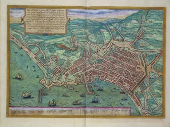 Napolin kartta, Georg Braunin (1541-1622) ja Frans Hogenbergin (1535-1590) teoksesta "Civitates Orbis Terrarum", noin 1572