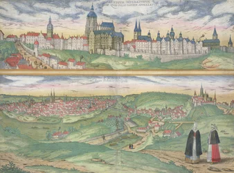 Prahan kartta, Georg Braunin (1541-1622) ja Frans Hogenbergin (1535-90) teoksesta "Civitates Orbis Terrarum", noin 1572