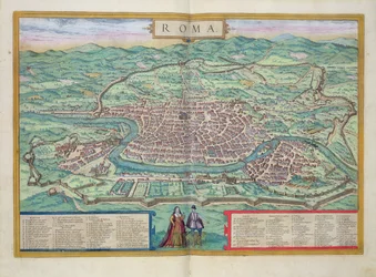 Rooman kartta, Georg Braunin (1541-1622) ja Frans Hogenbergin (1535-90) Civitates Orbis Terrarum -teoksesta, n. 1572