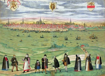 Rostockin kartta, Georg Braunin (1541-1622) ja Frans Hogenbergin (1535-90) Civitates Orbis Terrarumista c.1572-1617