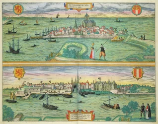Rotterdamin ja Goudan kartta, Georg Braunin (1541-1622) ja Frans Hogenbergin (1535-90) Civitates Orbis Terrarum -julkaisusta n. 1572-1617
