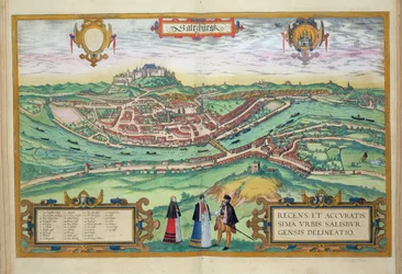 Salzburgin kartta Georg Braunin (1541-1622) ja Frans Hogenbergin (1535-90) teoksesta "Civitates Orbis Terrarum", n. 1572-1617.
