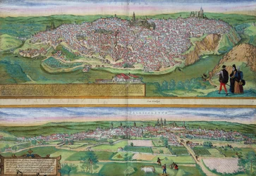 Toledon ja Valladolidin kartta, Georg Braunin (1541-1622) ja Frans Hogenbergin (1535-90) Civitates Orbis Terrarum -teoksesta, n. 1572