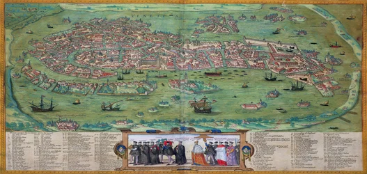 Venetsian kartta, Georg Braunin (1541-1622) ja Frans Hogenbergin (1535-90) teoksesta "Civitates Orbis Terrarum", n. 1572