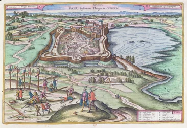 Unkarilainen Papan linnoitus ottomaanien piirityksen aikana, Georg Braunin (1541-1622) "Le Theater du Monde" -teoksesta, joka julkaistiin Kölnissä 1572-1618, 1617