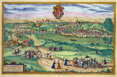 Georg Braunin (1541-1622) ja Frans Hogenbergin (1535-90) "Civitates Orbis Terrarum" -teoksesta peräisin oleva Grodnon asemakaava, noin 1572.