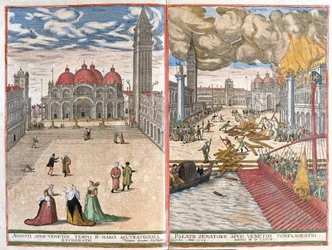 Venetsia, Italia: Pyhän Markuksen kirkko ja tulipalo Venetsian Dogen palatsissa vuonna 1577 (piirustus