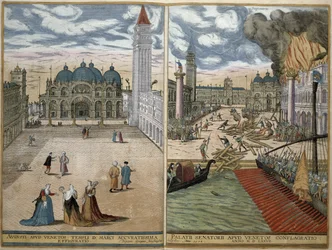 Näkymä San Marcoon ja palavaan Palazzo Ducaleen Georg Braunin (1541-1622) ja Frans Hogenbergin (1535-90) Civitates Orbis Terrarumista 1578