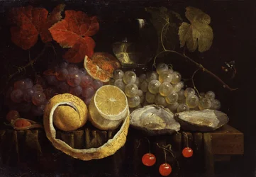 Hedelmien ja osterien asetelma. Joris van Sonin (1623-1667) maalaus Yksityiskokoelma.