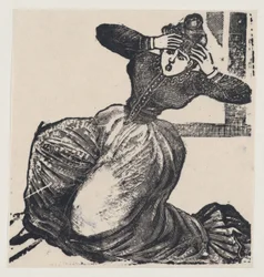 Huuhteleva nainen maassa, kädet nostettuna päätään vasten, leveästä kyljestä otsikolla..., 1893.