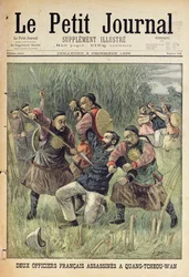 Kaksi kiinalaisten Quang-Tcheou-Wanissa murhaamaa ranskalaista upseeria, "Le Petit Journal" -lehden kansilehti, 3. joulukuuta 1899