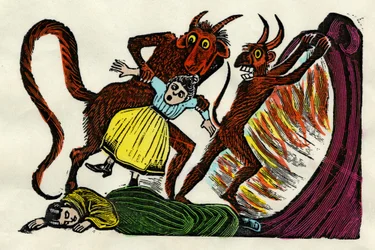 José Guadalupe Posada (1852-1913). Paholainen raahaa Josephina Loran helvettiin. Ksylografinen akvarelli, Mexico City