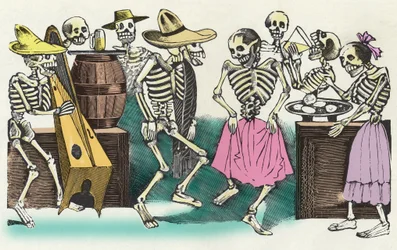 Elävät kuolleet: "" Gran Fandango y Francachela de todas las Calaveras "", José Guadalupe Posadan (1852 - 1913) tekemä ksylografia, joka kuvaa kuolleiden päivän (1. marraskuuta) juhlallisuuksia. Meksiko.