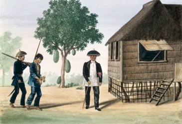 Poliisi ja valtuutettu johtama vanki elokuvasta "The Flebus Album of Views In and Around Manila", n. 1845