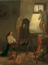 Taidemaalari, joka on nukahtanut studioon