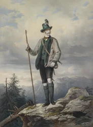 Porträt des jungen Kaisers im Ischler Jagdkostüm, kolorierte Lithographie von Kriehuber, 67 x 49 cm
