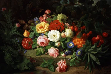 Kesäkukkien (ruusut, esikot) ja hedelmien (ananakset, kirsikat) asetelma. Josef Lauerin (1818-1881) maalaus Yksityiskokoelma.