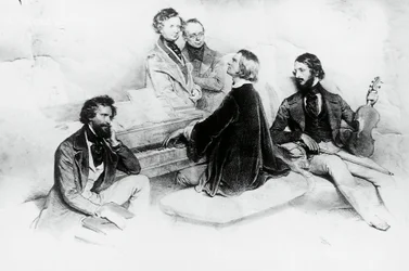Matinee Lisztin kotona, vasemmalta oikealle, Kriehuber, säveltäjä Hector Berlioz (1803-1869), Carl Czerny (1791-1857) Lisztin opettaja, Franz Liszt (1811-1866) ja viulisti Heinrich Wilhelm Ernst (1840-1865), Lisztin Kirjailija: Josef Kriehuber (1800-1876)