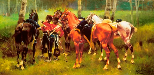 ""Ryhmä husaareja ja hevosia metsässä"" Josep Cusachs i Cusachsin (1851-1908) maalaus. 1905.