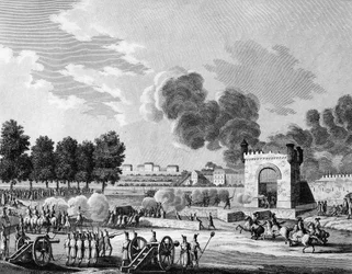 Ranskan vallankumous: Republikaanien fete des vitoires, nuorten opiskelijoiden taistelu Champs de Marsilla Pariisissa 21. lokakuuta 1794. Kaiverrus Malapeau Swebach - Desfontainesin mukaan. Pariisi, Vallankumouksen historian instituutin kirjasto