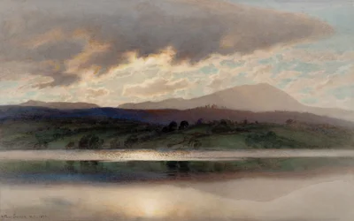 Auringonlasku Esthwaiten veden yllä (akvarelli)