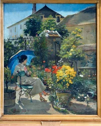 Puutarhassa. Nuori nainen päivänvarjon kanssa kukkien ympäröimänä. (1862-1921). 1900-luku. Lyon, taidemuseo