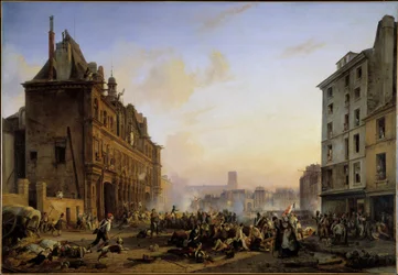 Les Trois Glorieuses (27., 28. ja 29. heinäkuuta): "" Pariisin kaupungintalon hyökkäys 28.7.1830"" Joseph Beaumen (1796-1885) maalaus 1831 su. 1,45x2,1 m