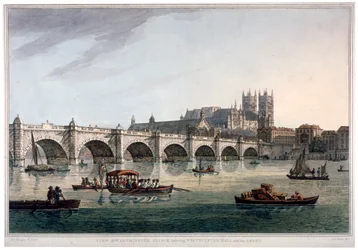 Westminster Bridge, Westminster Abbey ja Westminster Hall, Lontoo, 1789.