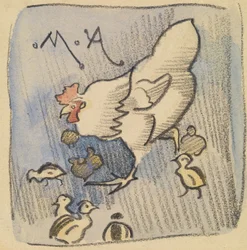 Valkoinen kana ja kanat, n. 1901 (liitu, kynä ja pesu paperille)