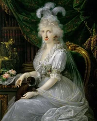 Saksa: Napolin-Sisilian Marie Luise (Ludovica) (1773-1802), Toscanan Ferdinand III:n puoliso, istuu pöydän ääressä, polvipituinen muotokuva Luisa Maria Amelia Teresa Napolin ja Sisilian prinsessasta, Napolin ja Sisilian suurherttuattaresta ja puolisosta, N